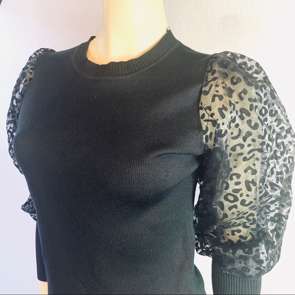 Secret Black Blouse Puff Sleeves Animal Print Top - Picture 2 of 5